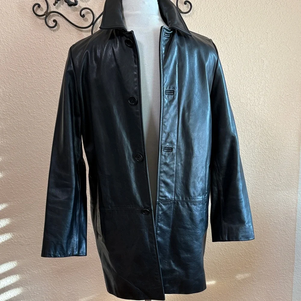 Banana Republic Black Leather Trench Car Coat black genuine leather man Sz XS